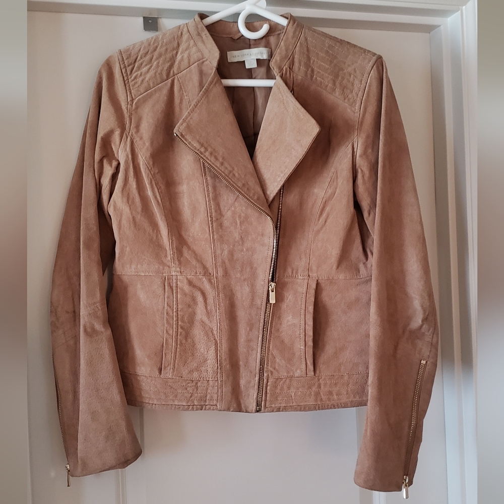 New York & Co. Size M Camel Colored Suede Leather Moto Jacket